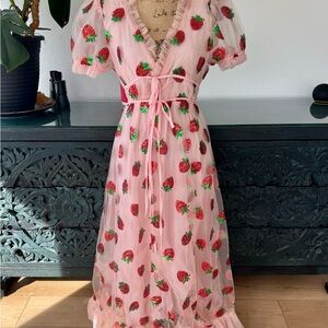 Pink Sequin Strawberry Embroidered Tulle Maxi Dress